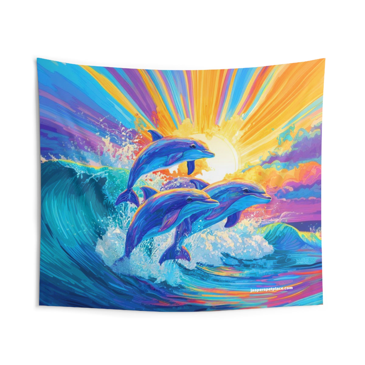 Sunrise Dolphins Indoor Wall Tapestry | Colorful Ocean Wave Art