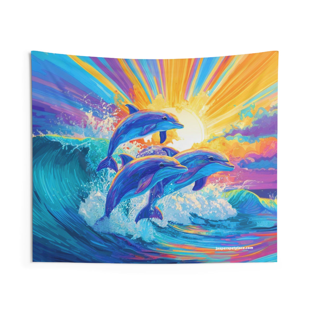 Sunrise Dolphins Indoor Wall Tapestry | Colorful Ocean Wave Art