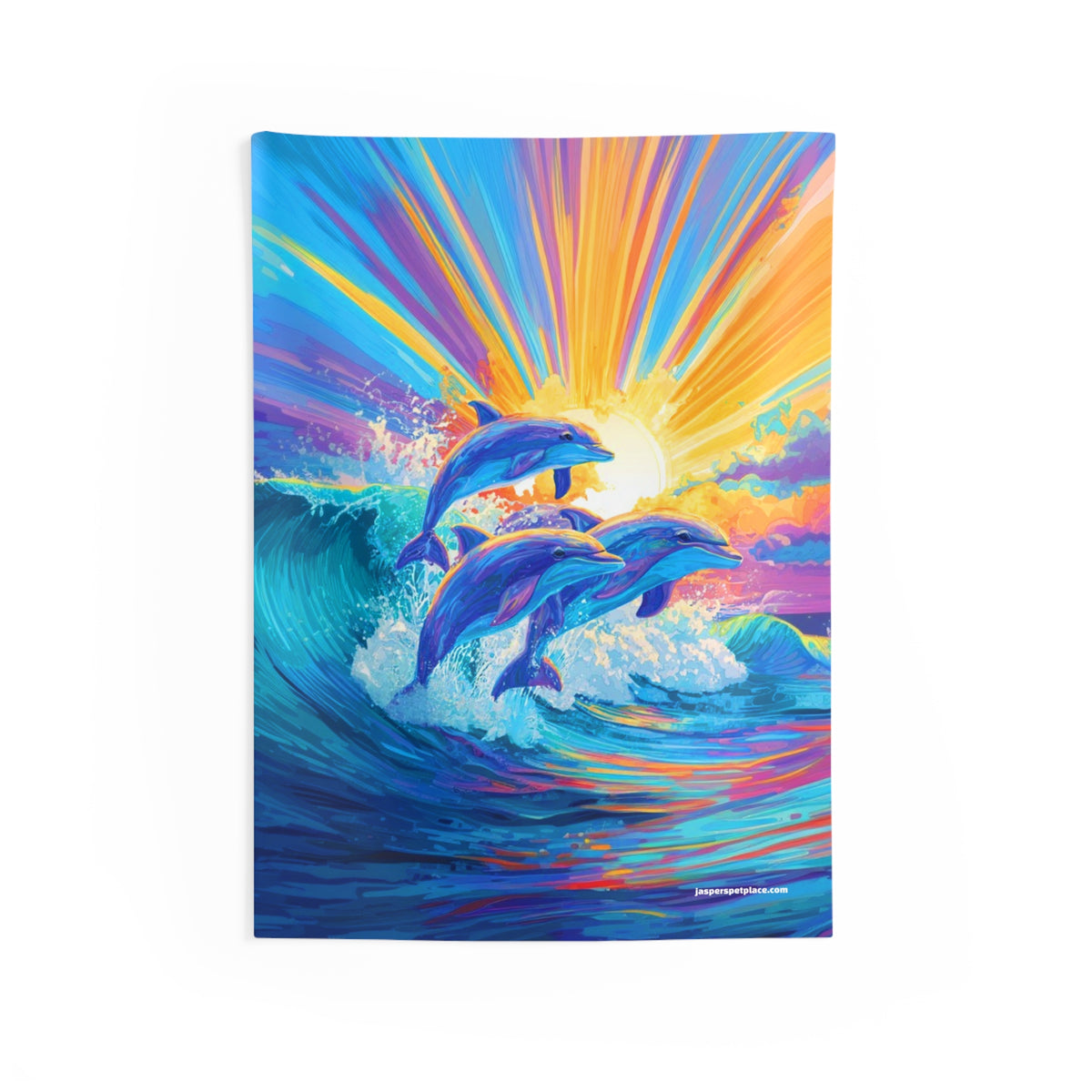 Sunrise Dolphins Indoor Wall Tapestry | Colorful Ocean Wave Art