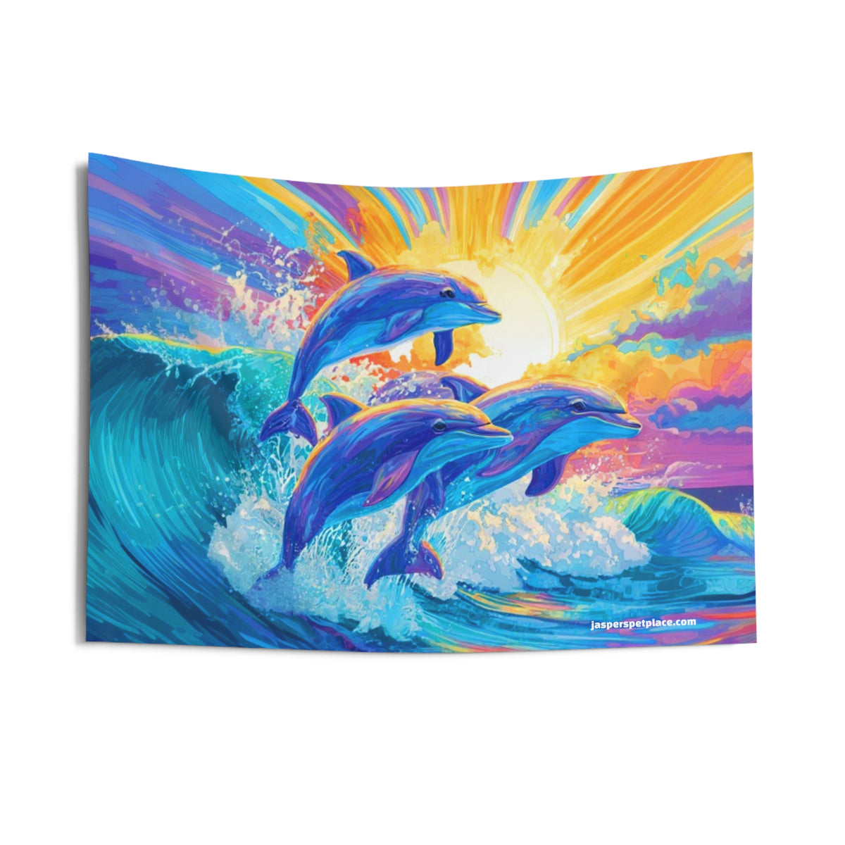 Sunrise Dolphins Indoor Wall Tapestry | Colorful Ocean Wave Art