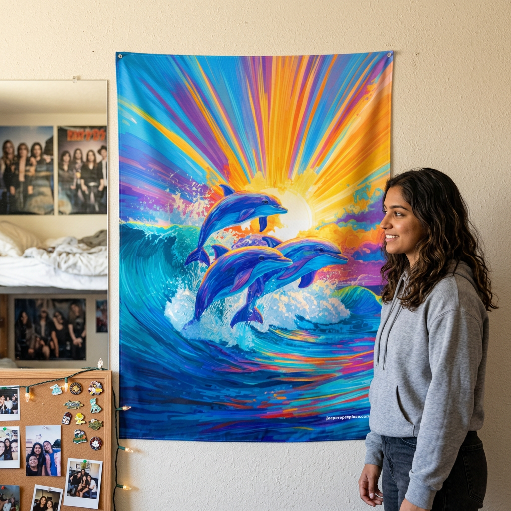 Sunrise Dolphins Indoor Wall Tapestry | Colorful Ocean Wave Art