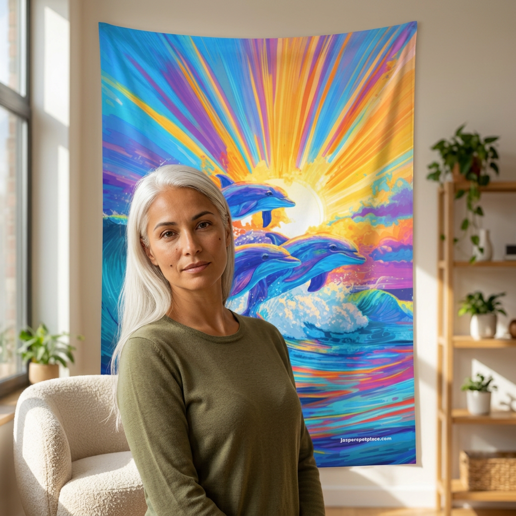 Sunrise Dolphins Indoor Wall Tapestry | Colorful Ocean Wave Art