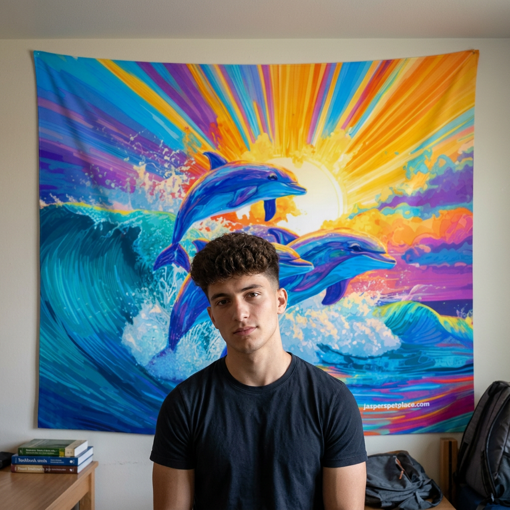Sunrise Dolphins Indoor Wall Tapestry | Colorful Ocean Wave Art