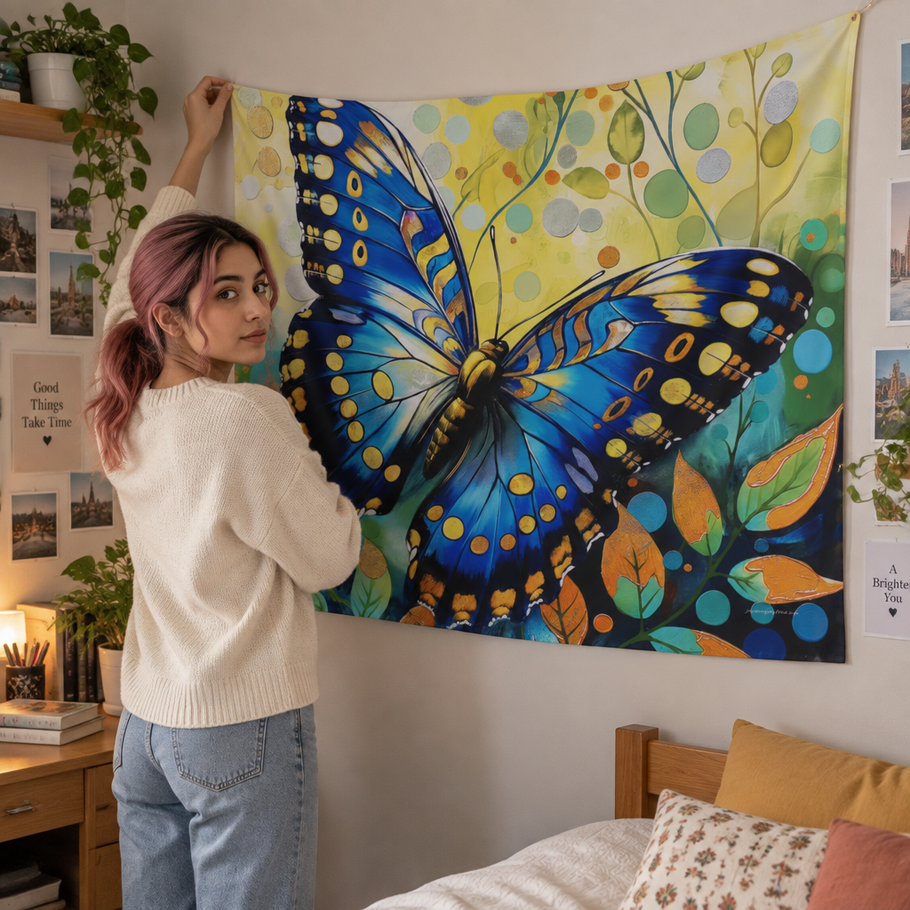 Blue Butterfly Wall Tapestry | Vibrant Nature Art Decor | Bedroom & Living Room & College Dorm Room
