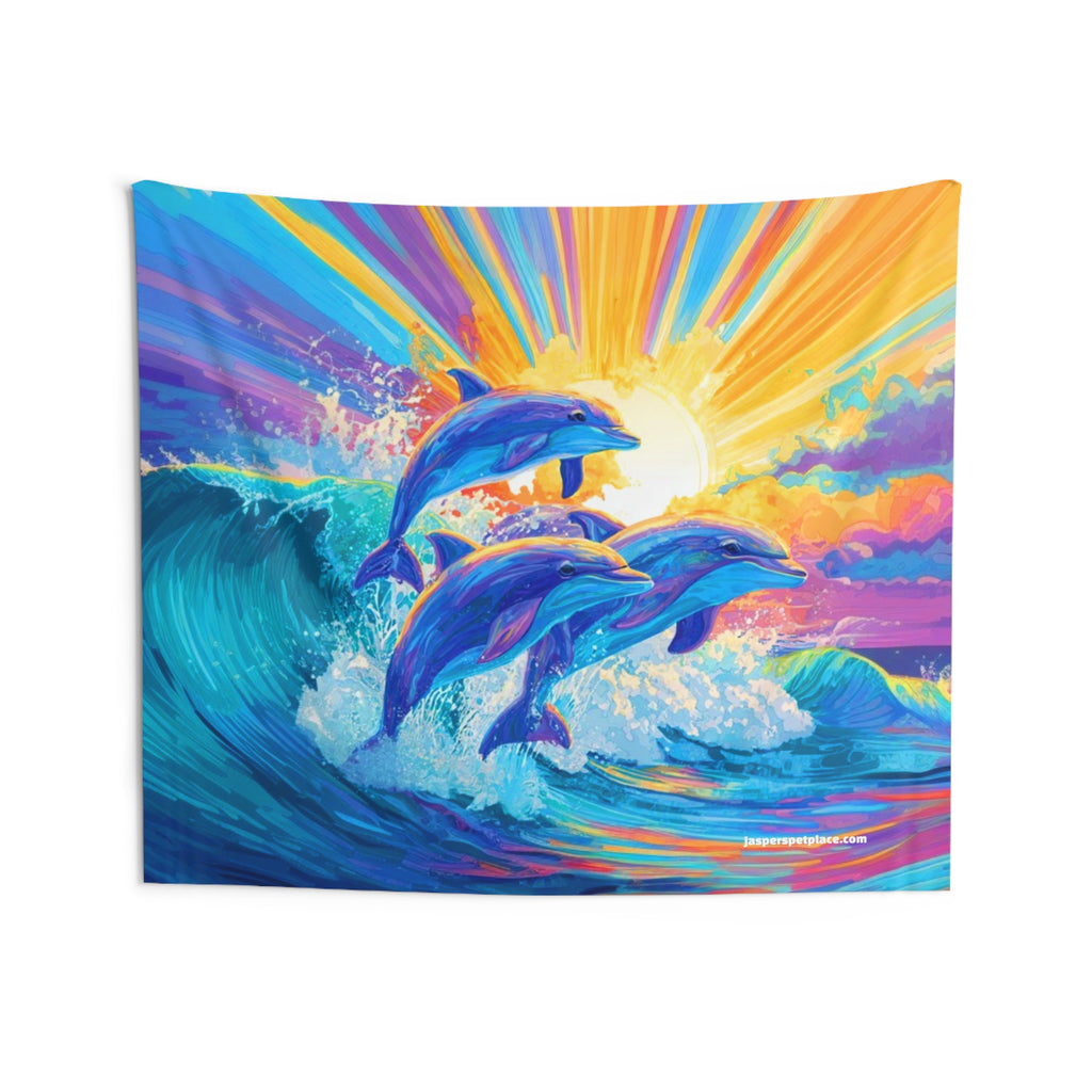 Sunrise Dolphins Indoor Wall Tapestry | Colorful Ocean Wave Art