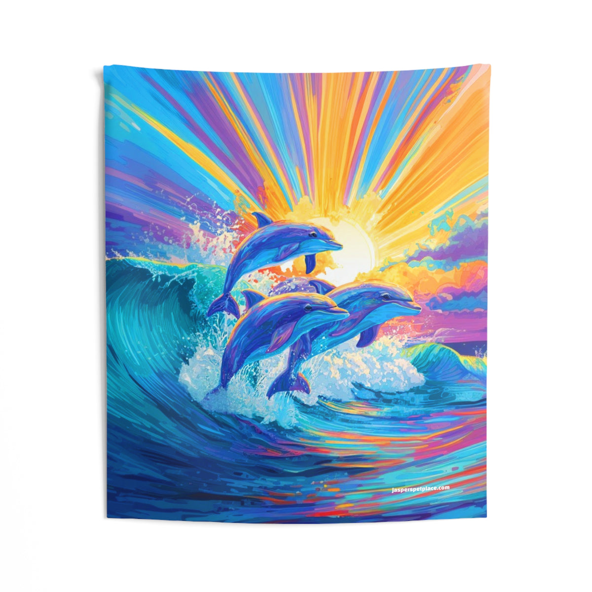 Sunrise Dolphins Indoor Wall Tapestry | Colorful Ocean Wave Art