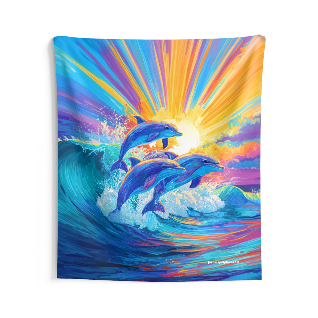 Sunrise Dolphins Indoor Wall Tapestry | Colorful Ocean Wave Art