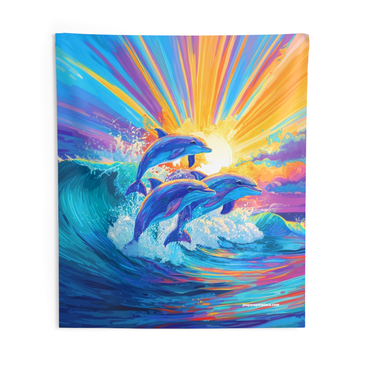Sunrise Dolphins Indoor Wall Tapestry | Colorful Ocean Wave Art